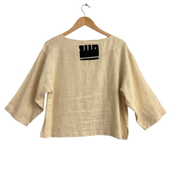 Joy Burton My Tribe Linen Boxy Top Abstract Tribal Pocket Women’s Medium Artsy - Picture 3 of 7